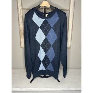 DOCKERS’ Mens Size XXL Blue Argyle Diamond Print Knit Sweater Crew Neck Pullover